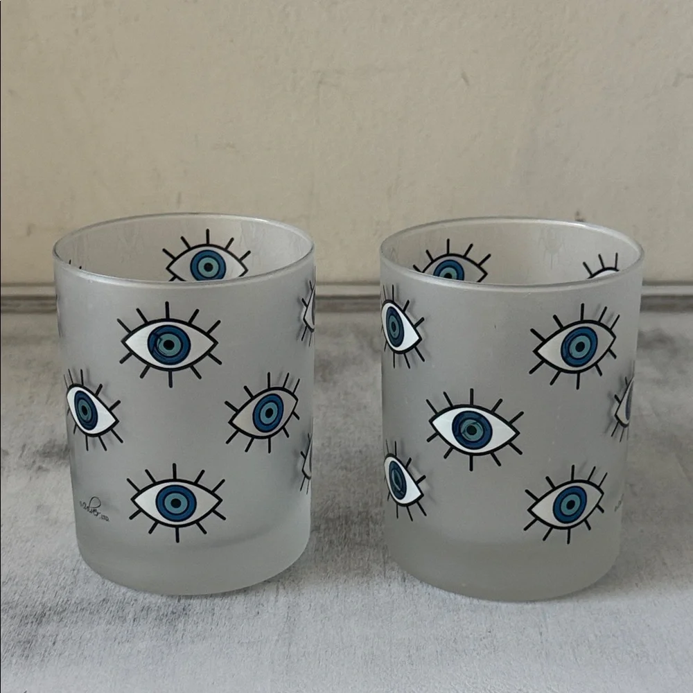 Culver Blue Evil Eye Pattern Frosted 2 Glasses Set